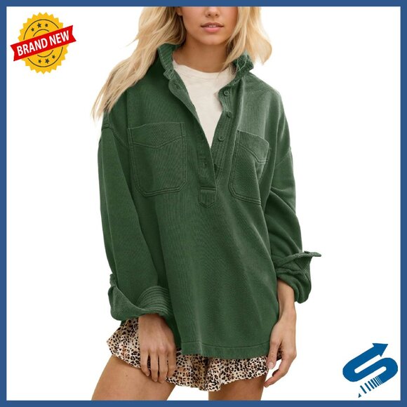 Oversized Polo Neck Sweatshirt with Lapel Long Sleeve Button Pullover